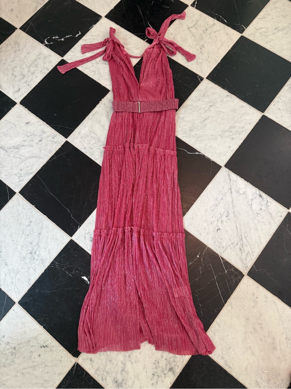 Sabina Musayev Shimmery Raspberry Pink Tie-Shoulder Maxi Dress